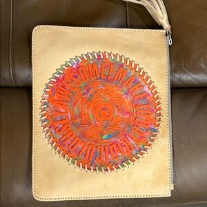 Consuela Tan Leather Clutch with Multicolor Tie-Dye Medallion